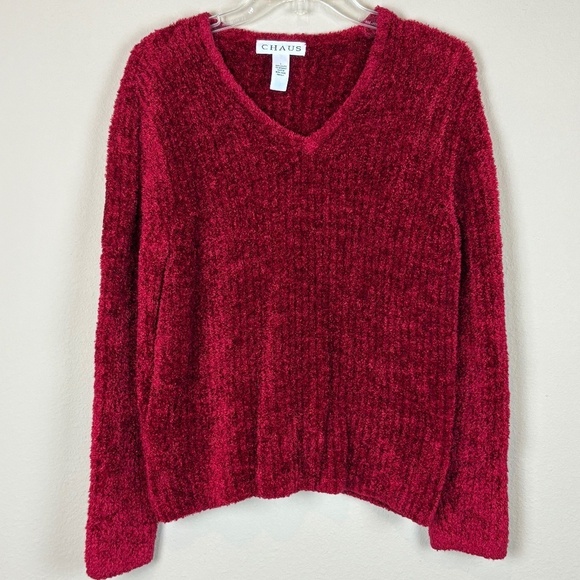 Chaus Sweaters - Chaus Red V Neck Long Sleeve Ribbed Sweater; Size L